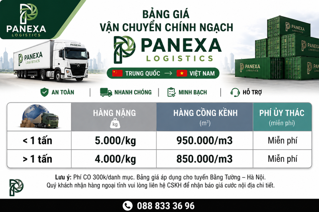 Bảng giá vận chuyển chính ngạch tại Panexa Logistics